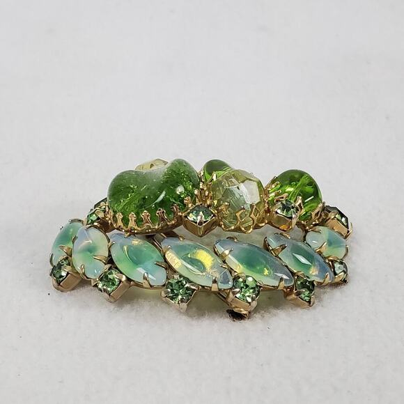 Vintage MCM Green Rhinestone Gold Tone Brooch and Earrings Set - Picture 4 of 16